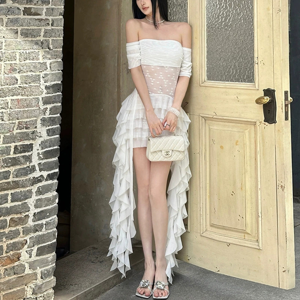 H&M Spring Unique Off Shoulder Asymmetrical Fringe Slit Dress